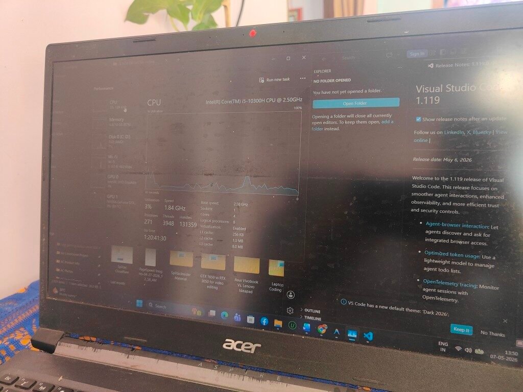 The Performance tab highlights an Intel Core i5-10300H CPU maintaining a stable 3% utilization, demonstrating no major processor spikes during standard VS Code usage.