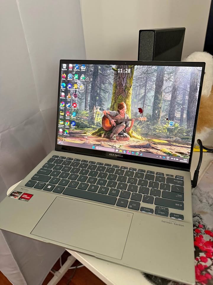 Indoor OLED panel display test of ASUS Zenbook 14 featuring a good-brightness OLED display panel that maintains vivid color accuracy and clear visibility from an off-center viewing angle