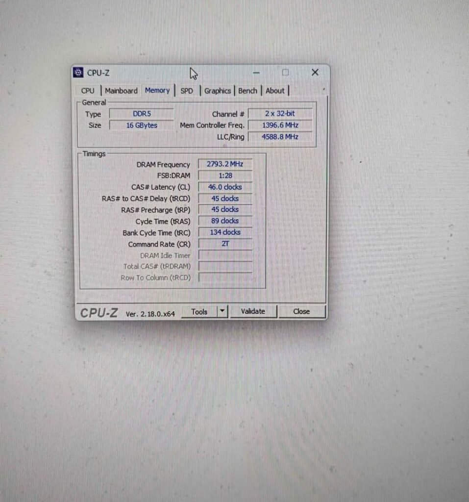 Screenshot of CPU-Z software Memory tab displaying DDR5 RAM test results, featuring 16GB size, 2793.2 MHz DRAM frequency, and a CAS Latency of 46.0.