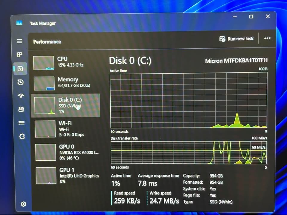 Windows 11 Task Manager Performance tab displaying a live NVMe SSD speed test for a 1TB Micron drive, showing current read and write transfer rates, active time, and average response time.