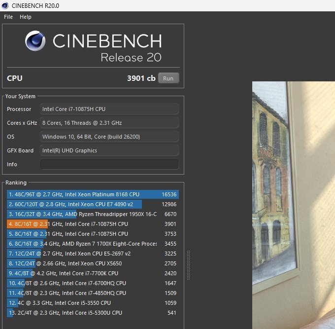 Cinebench R20 benchmark software interface displaying a multi-core CPU score of 3901 cb for an 8-core Intel Core i7-10875H processor.