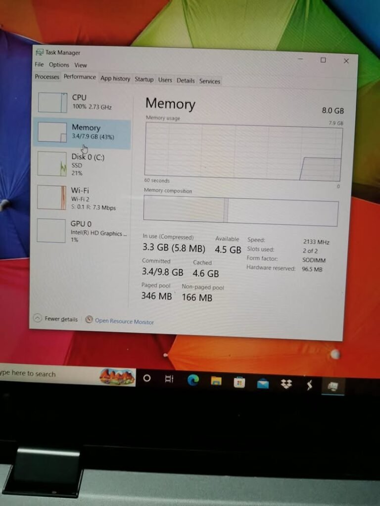 Windows Task Manager Performance tab on an HP Omnibook laptop showing memory usage during an idle condition with no active apps open. The system displays 8 GB of total RAM, with 3.4 GB (43%) currently in use by background processes.