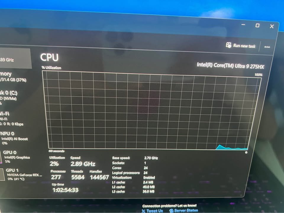 Windows Task Manager CPU tab displaying performance test metrics for the Intel Core Ultra 9 275HX processor, showing 24 cores, 24 logical processors, and a base speed of 2.70 GHz.