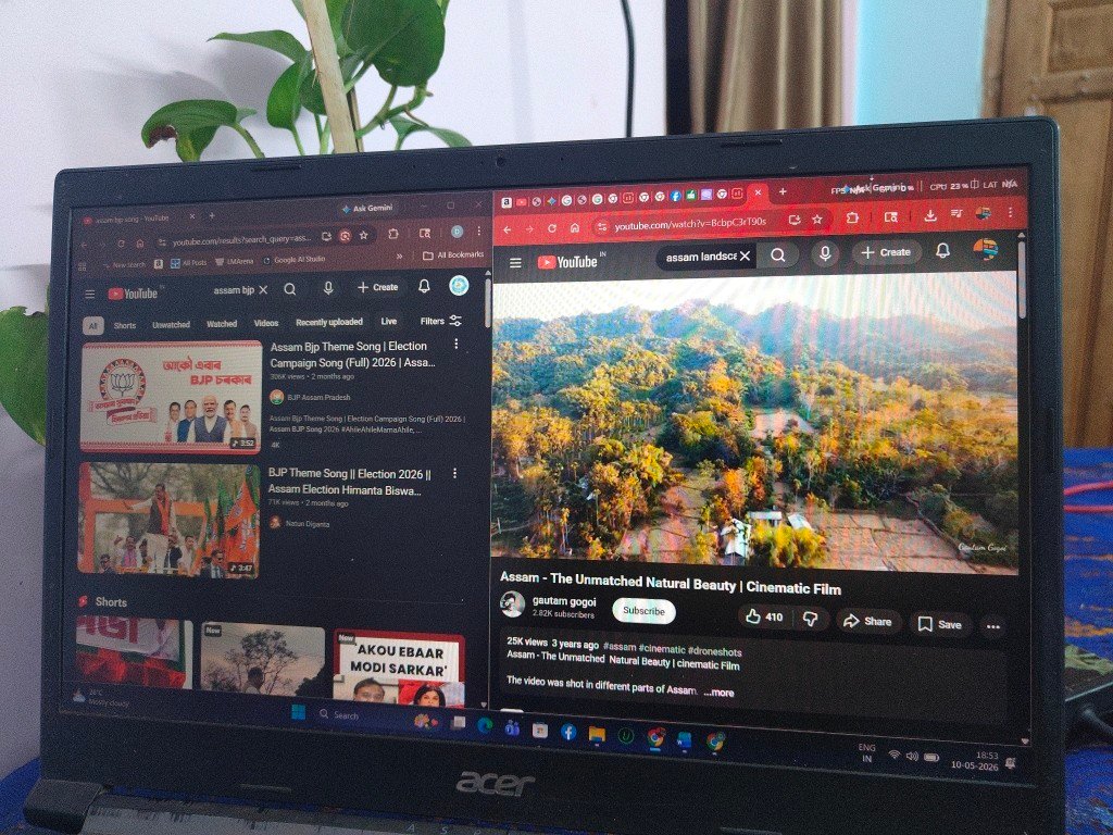 Laptop undergoing a battery drain test, featuring a split-screen view with high-resolution YouTube video playback on one side and video search results on the other, while running more than 10 active Google Chrome tabs.