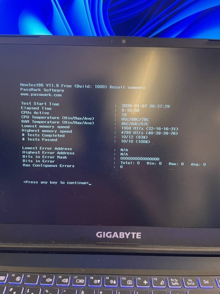 A close-up of a Gigabyte laptop screen displaying a MemTest86 (V11.6 Free) result summary for a DDR5 RAM test. The hardware diagnostic screen shows 10 out of 12 tests completed with zero memory errors and a peak memory speed of 4788 MT/s, indicating stable and healthy system memory.