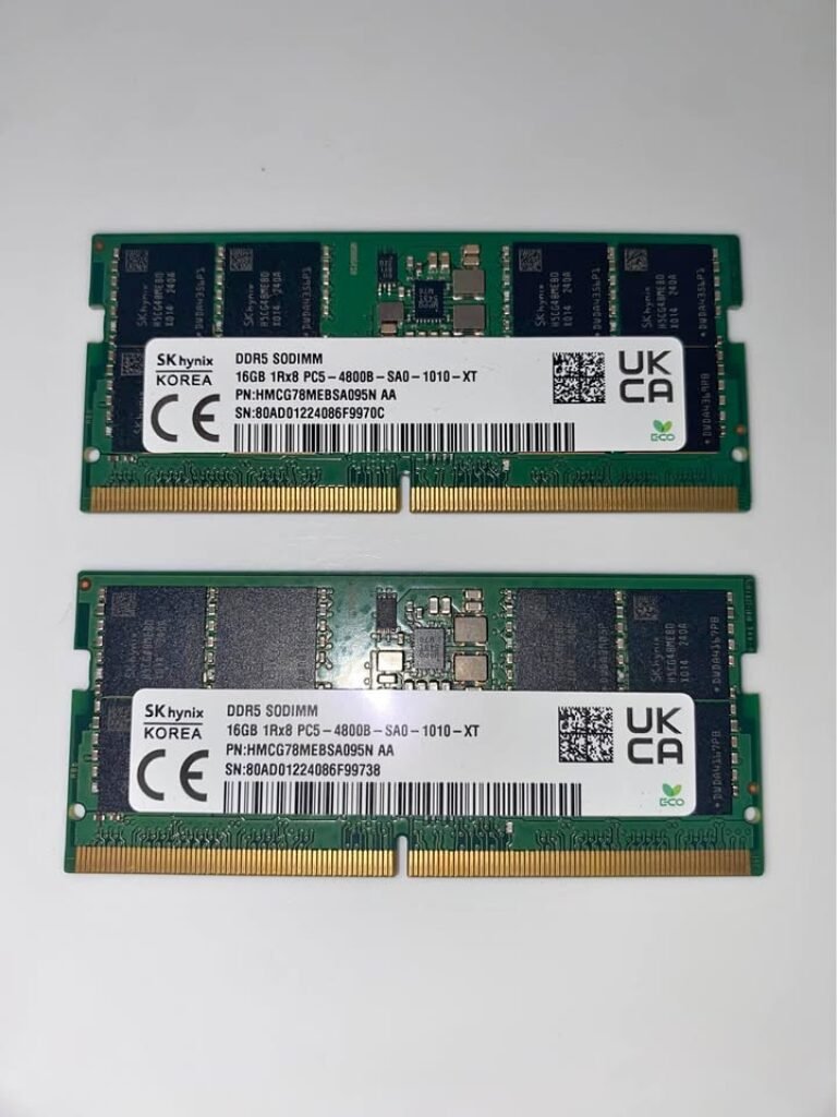 Close view of SK Hynix DDR5 SODIMM 16GB 1Rx8 PC5-4800B 4800MHz RAM stick for laptop — part number HMCG78MEBSA095N AA