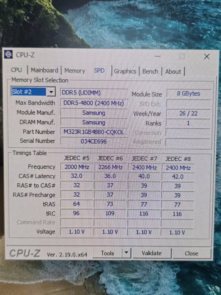 CPU Z software screenshot showing the SPD tab during a DDR5 RAM test. The interface displays specifications for an 8GB Samsung DDR5-4800 memory module, including part number M323R1GB4BB0-CQK0L, maximum bandwidth of 2400 MHz, and JEDEC timing tables at 1.10 volts.