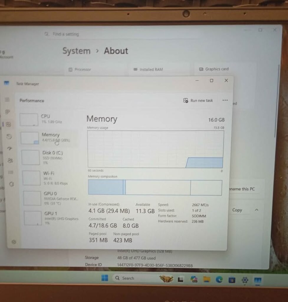 Windows 11 Task Manager Performance tab on a laptop screen demonstrating 16 GB of installed RAM with 4.1 GB in use during an idle state with no active applications.