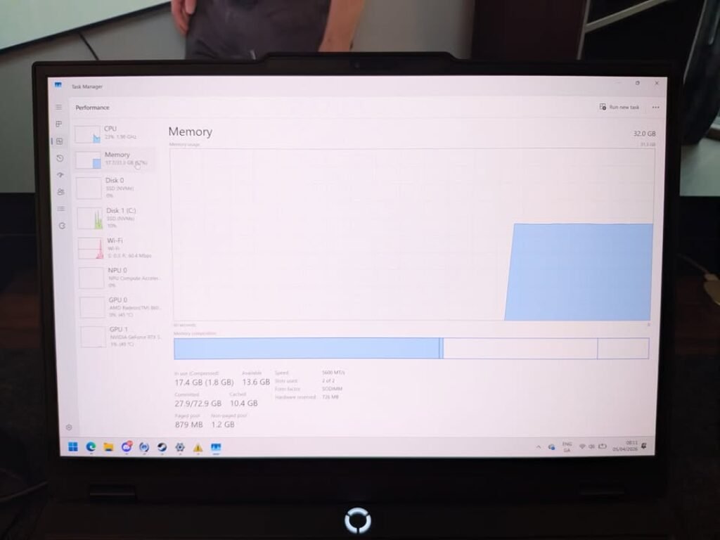 The Memory section shows 32 GB of total RAM, with 17.4 GB currently in use while running applications including Google Chrome and Visual Studio Code. The hardware details indicate two 16 GB SODIMM memory modules are installed, occupying 2 of 2 slots and running at 5600 MT/s.