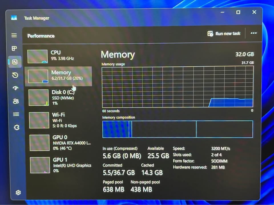 Screenshot of Windows Task Manager during a memory performance test, detailing hardware specs including 32GB of total RAM, a speed of 3200 MT/s, and an NVIDIA RTX laptop GPU.